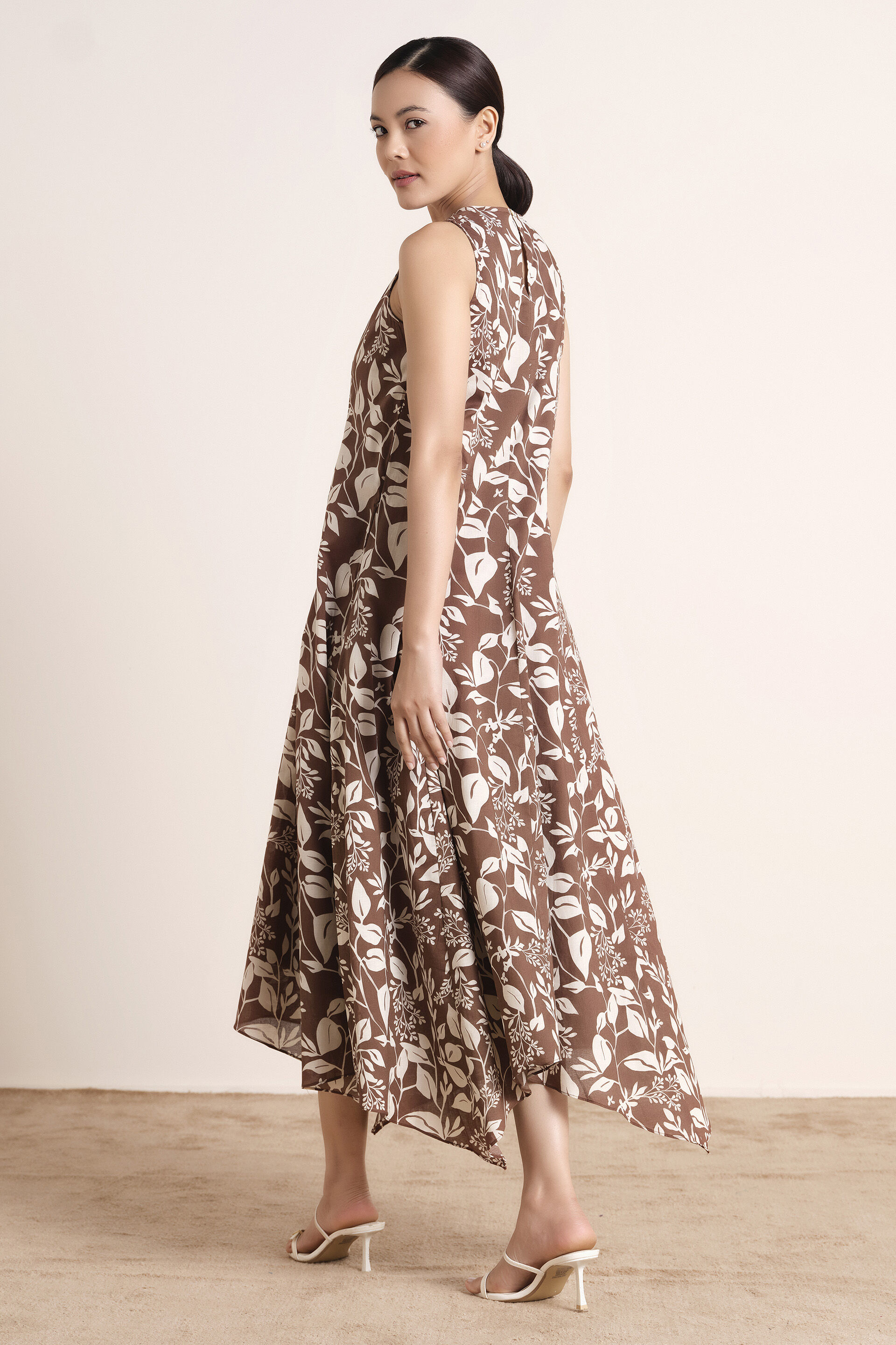 Leafy Brown Asymmetric Cotton Dress, Brown, image 5